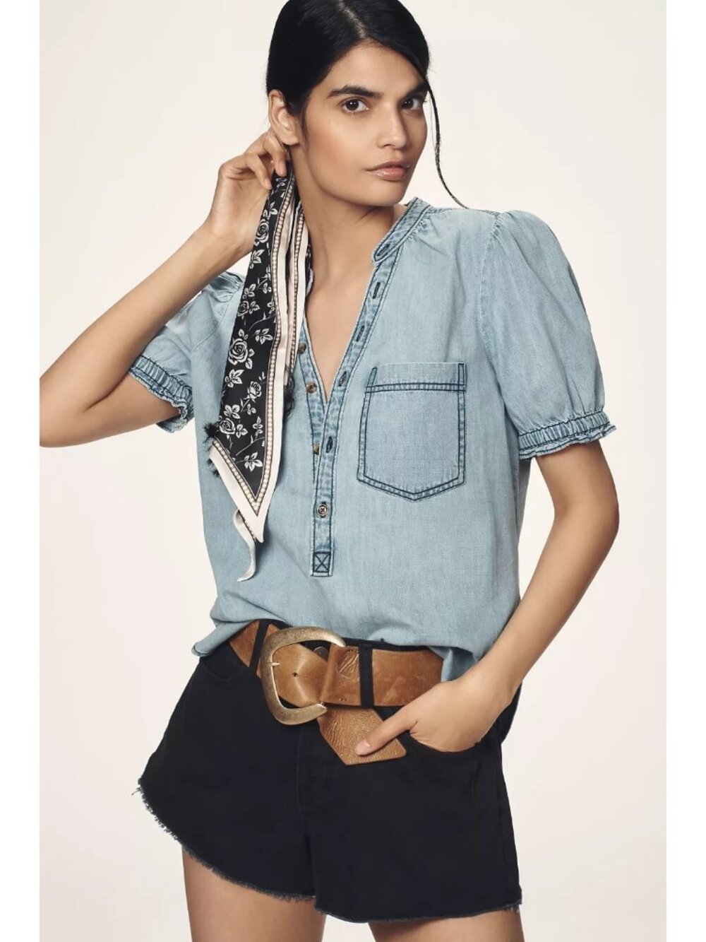 Anthropologie Pilcro Women's Short Sleeve Light Denim Henley Top Size XXS NWT